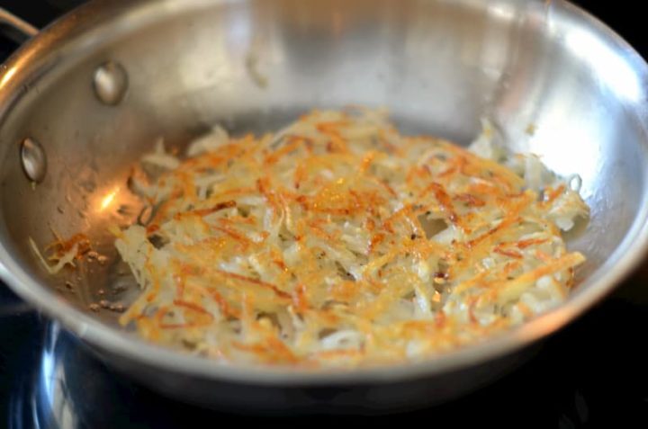 shredded hash browns in pan