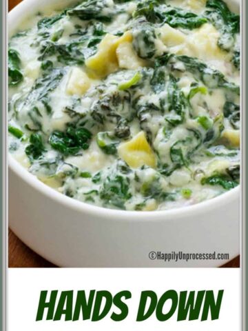 white bowl with spinach artichoke dip