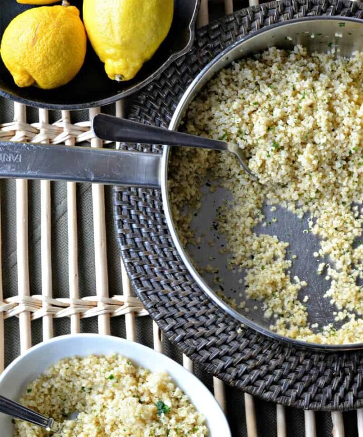 overhead shot of skillet with cooked lemon quinoa