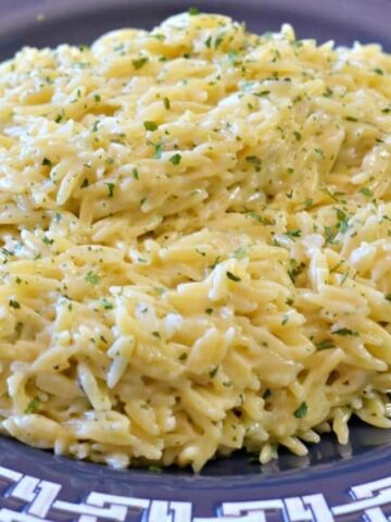 Plate of creamy garlic orzo with parsley