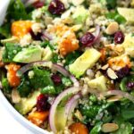 bowl of roasted sweet potato, spinach & quinoa salad