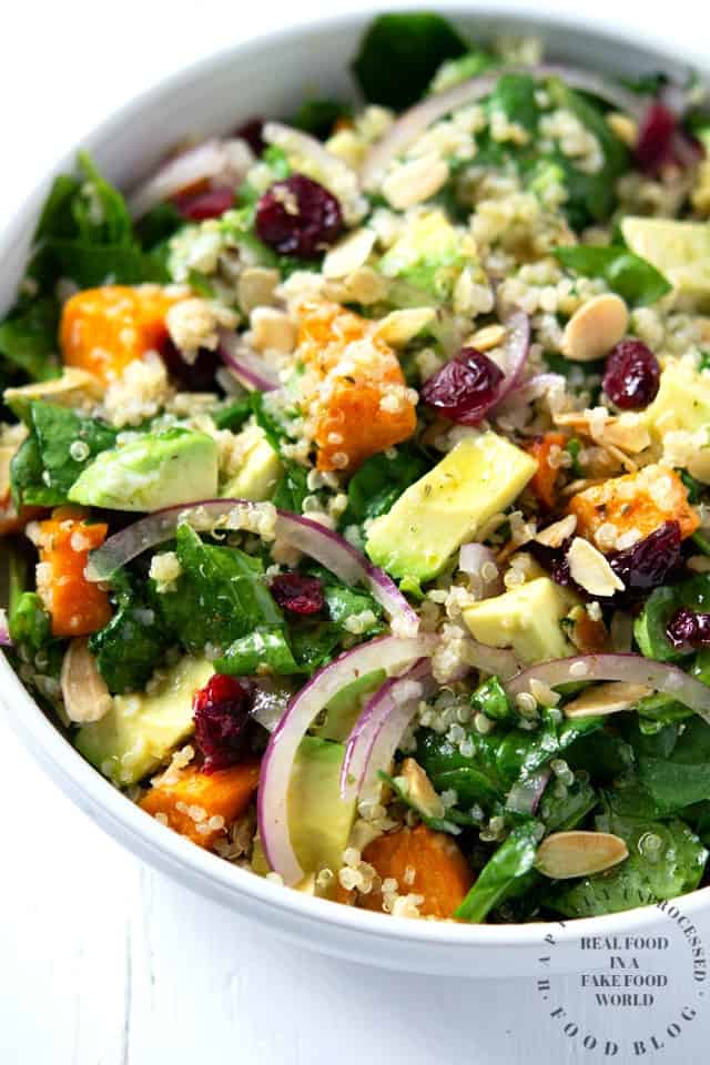 bowl of roasted sweet potato, spinach & quinoa salad