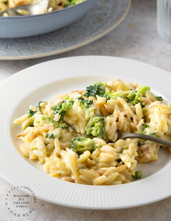 Creamy Cheddar & Broccoli Orzo - little orzo pasta is cooked in broth and married with a creamy cheesy sauce with little bits of broccoli #orzo #sidedish #healthy #happilyunprocessed.com