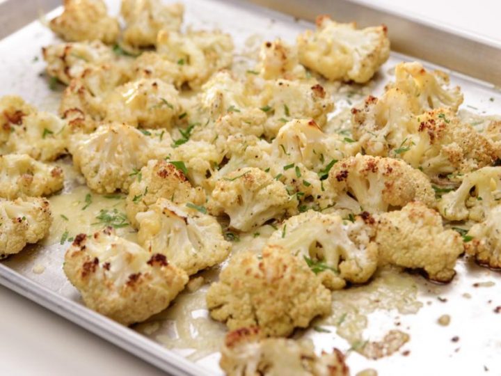 Baking sheet with roasted cauliflower