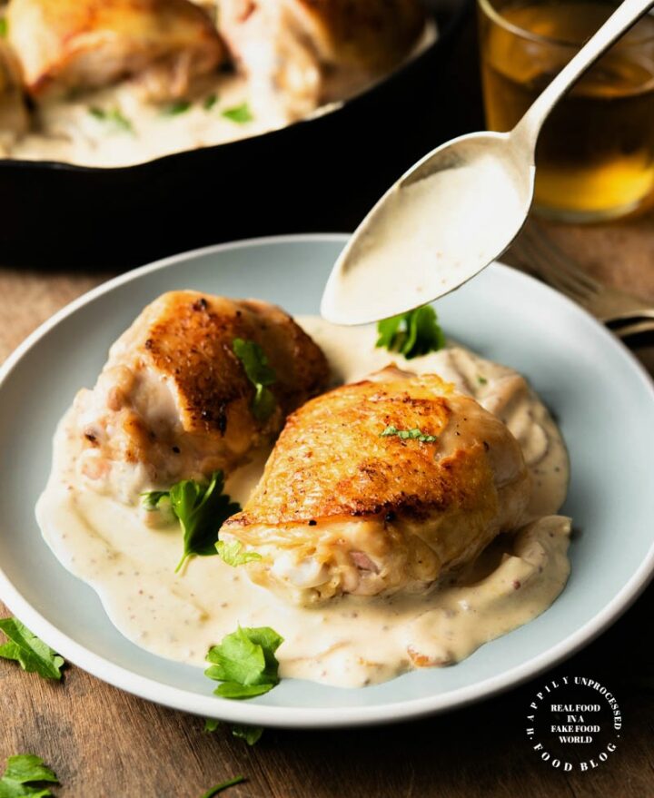 CHICKEN THIGHS IN A CREAMY DIJON SAUCE #chickenthighs #dinner #happilyunprocessed