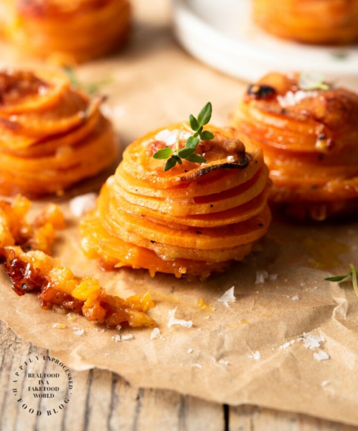 SWEET POTATO STACKERS WITH GRUYERE, PARMESAN & THYME #sidedish #potatoes #happilyunprocessed