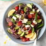 HEALTHY GREEK SALAD with Kalamata olives, cucumber, red onion, feta cheese and tomatoes #greek #greeksalad #healthy #sidedish #lunch #happilyunprocessed