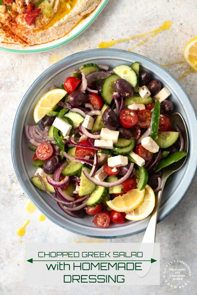 HEALTHY GREEK SALAD with Kalamata olives, cucumber, red onion, feta cheese and tomatoes #greek #greeksalad #healthy #sidedish #lunch #happilyunprocessed
