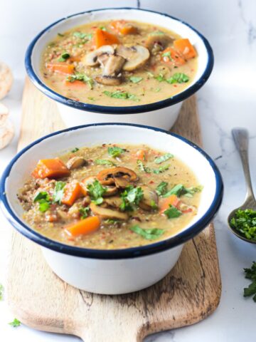 Mushroom Coconut Quinoa Soup is a healthy gluten free, dairy free, vegan soup packed with nutrition #happilyunprocessed