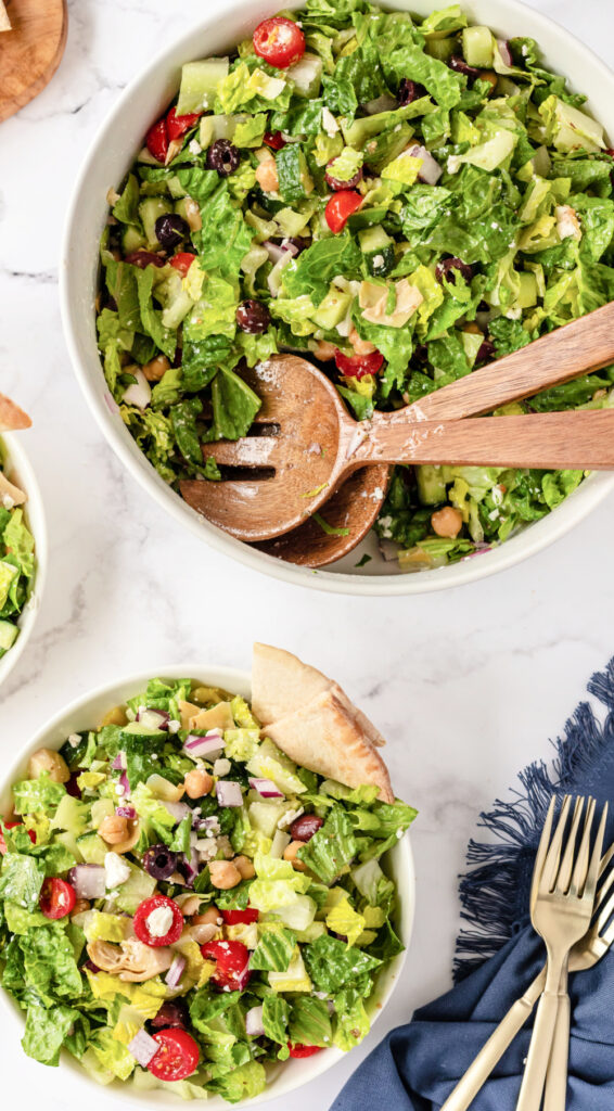 Chopped Greek Salad with Chickpeas and Artichokes in a zesty dressing with pita bread
