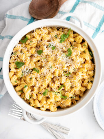 Big bowl of Creamy Garlic Parmesan Pasta with Chicken and Spinach made in the Instant Pot