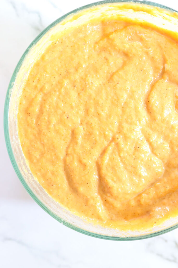 Ingredients in a bowl to make Pumpkin Bread Pudding in an Instant Pot