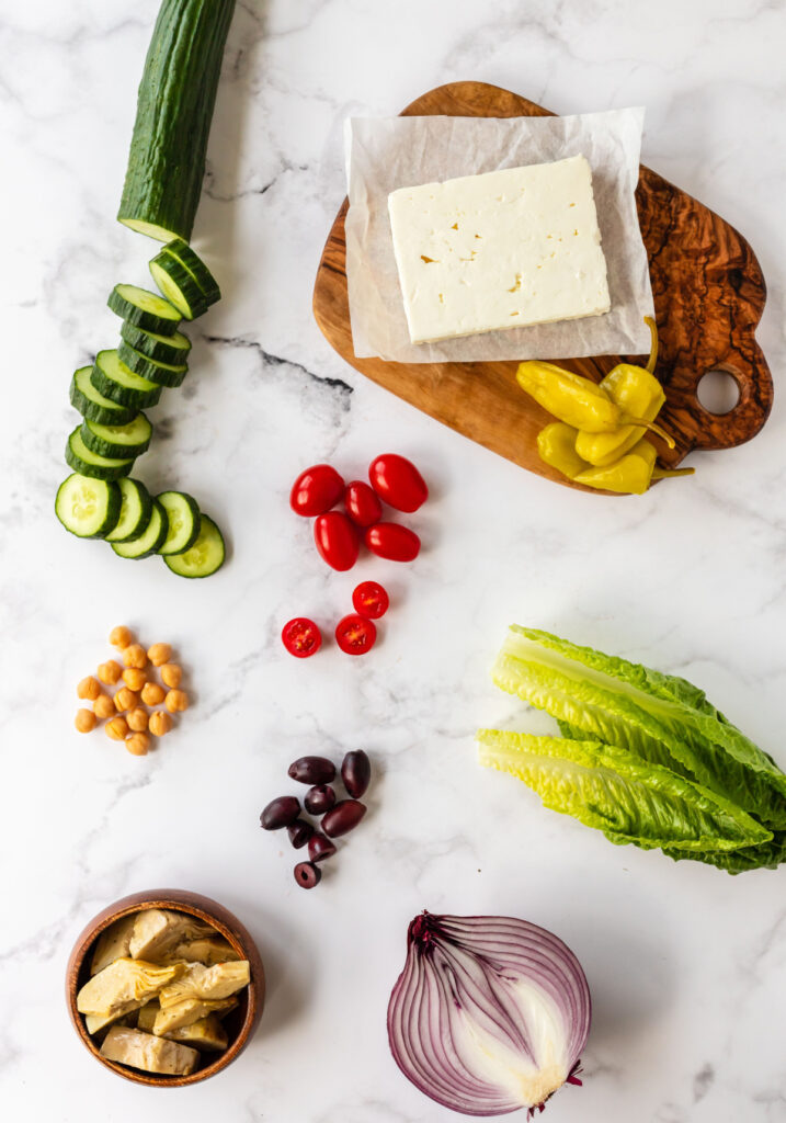 Ingredients needed to make a Chopped Greek Salad