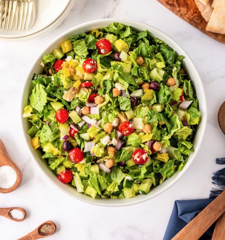 Chopped Greek Salad with Chickpeas and Artichokes in a zesty dressing