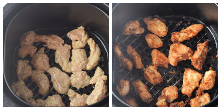 Side by side photo of cut up chicken being cooked in the Instant Pot for sesame chicken