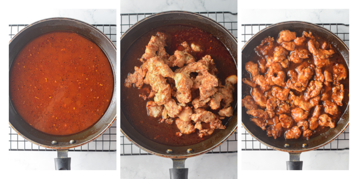 side by side photos of cooked chicken and sauce being combined for weeknight sesame chicken dinner recipe