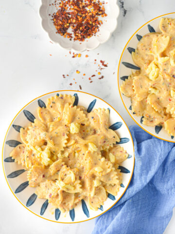 creamy pumpkin alfredo sauce over bowtie pasta
