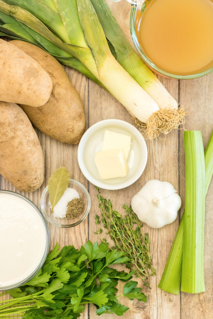 Ingredients to make homemade Potato Leek Soup
