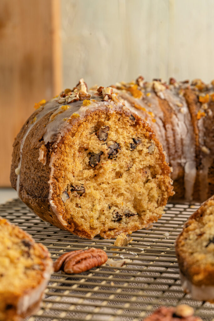 A simple to make orange pecan Bundt cake with glazed icing