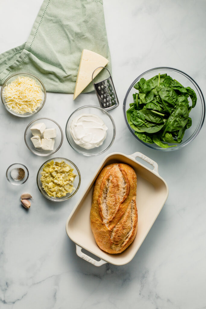 Ingredients for Spinach Artichoke Pull Apart Bread