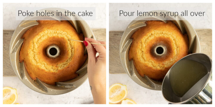 Poking holes in a lemon Bundt cake and pouring lemon syrup on top