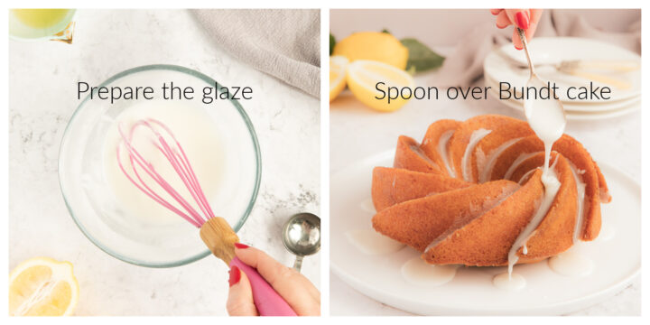 Spooning a lemony glaze on top of Lemon Bundt cake