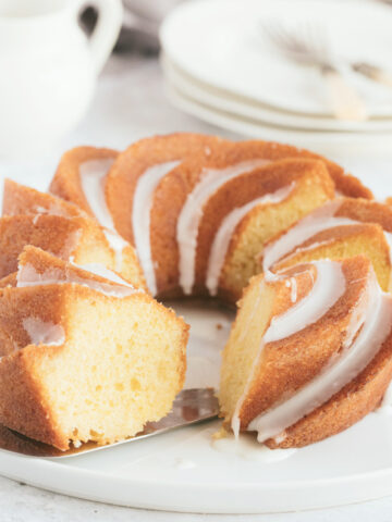 Pinwheel lemon bundt cake with a sugar glaze