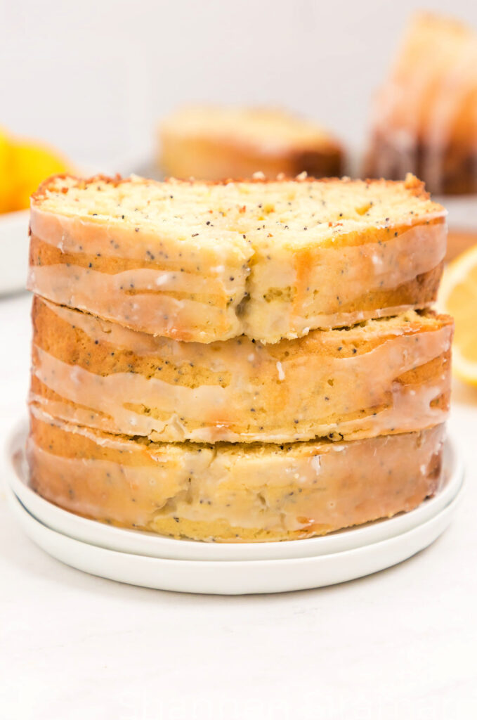 Sliced lemon poppy seed quick bread.