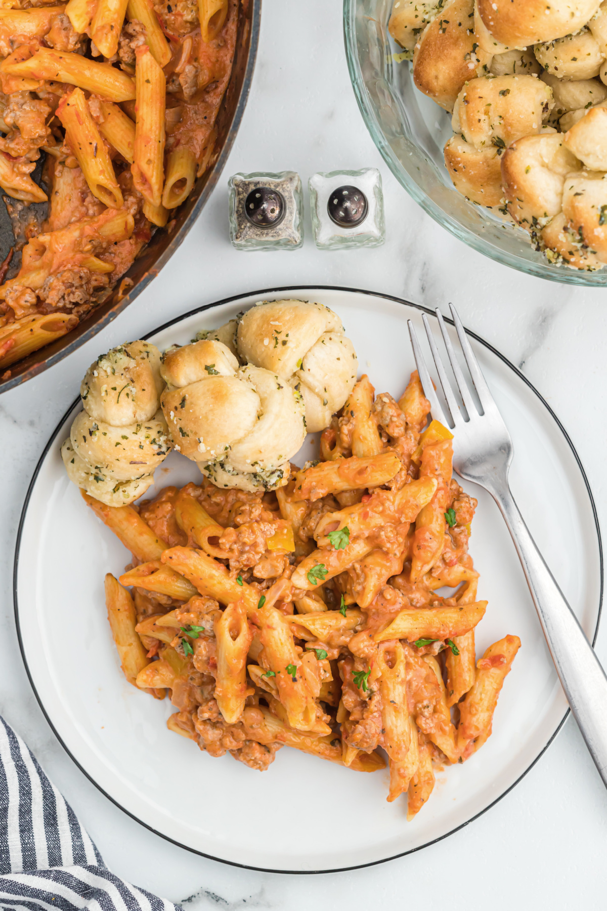 One skillet ground turkey with penne pasta and cheese is an easy weeknight dinner
