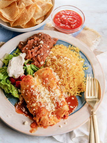 Traditional Mexican chicken enchiladas dinner served with rice and refried pinto beans