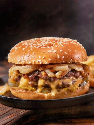 Fried onion smash burger on a sesame seed bun