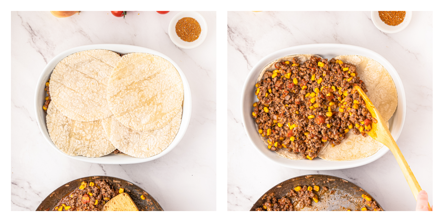 Making a Mexican taco lasagna with flour tortillas step by step