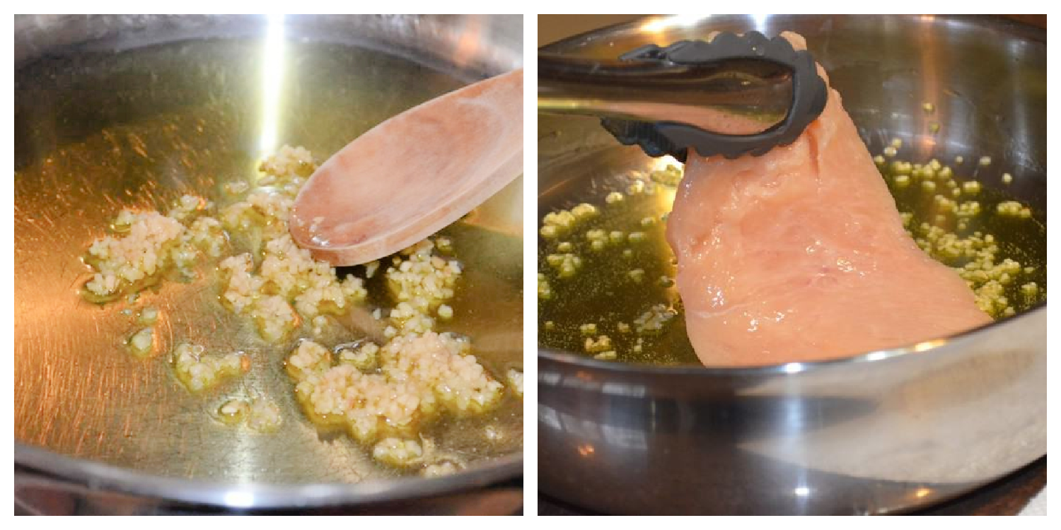 Chicken breasts in a pan with warm olive oil and garlic