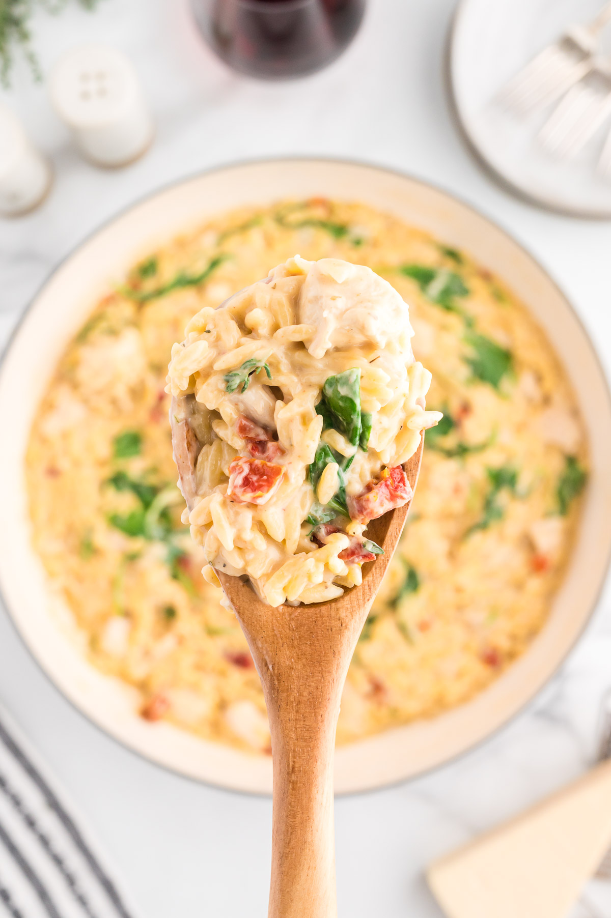Creamy Parmesan orzo with chunks of chicken and sundried tomatoes