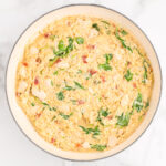 A big bowl of creamy Parmesan orzo bite size chicken spinach and sun dried tomatoes
