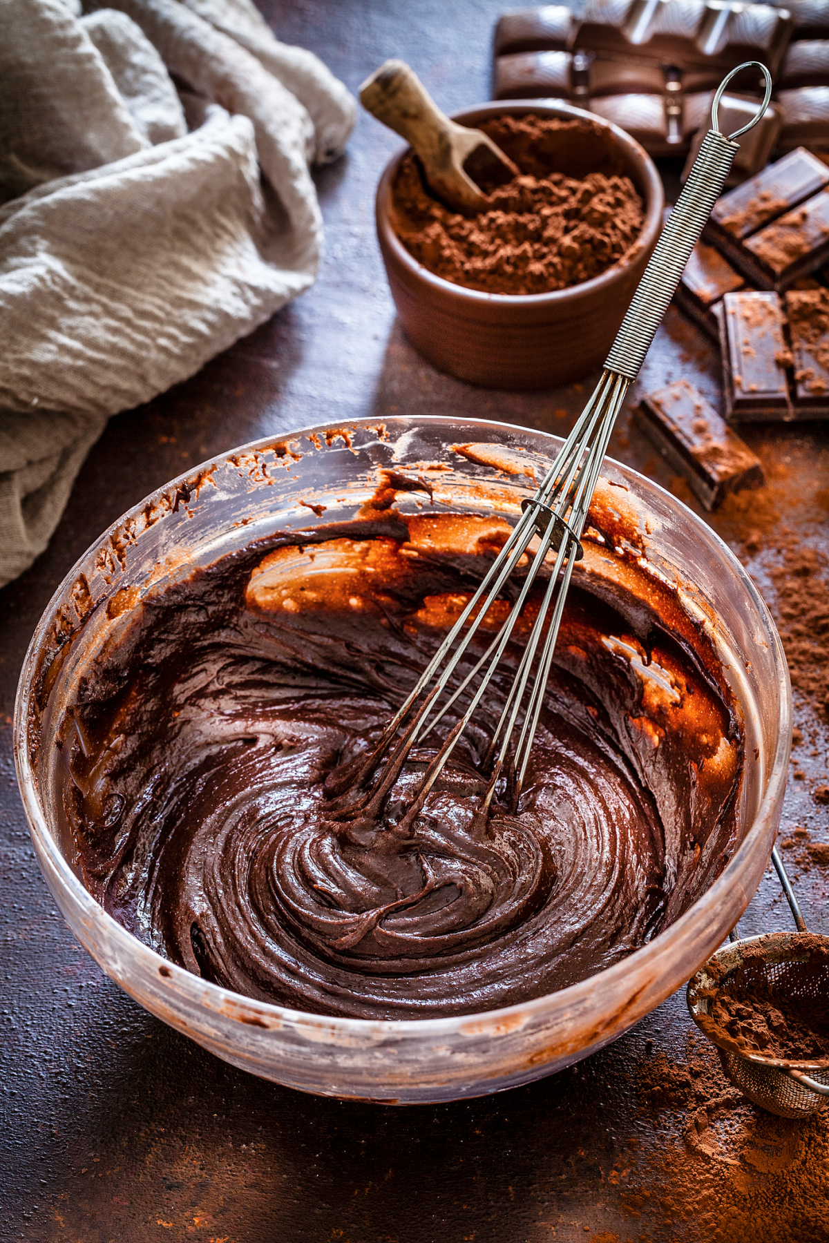 A big bowl of raw gluten-free flourless brownie batter