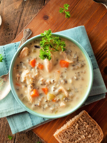 A bowl of homemade creamy chicken and wild rice soup