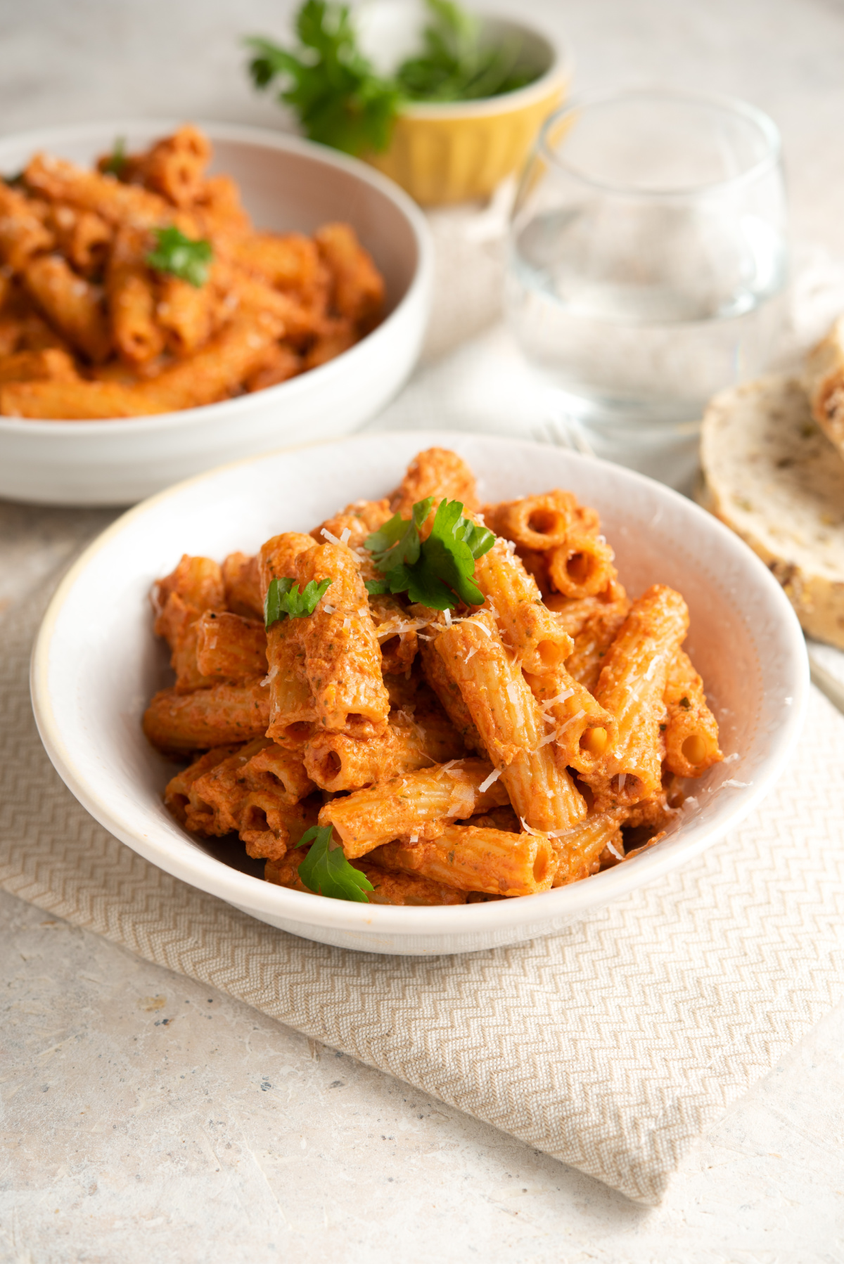 Sun dried tomato and mascarpone sauce over rigatoni pasta