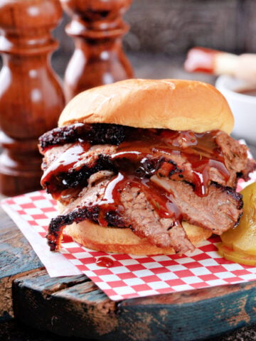 beef brisket sandwich that was made in the slow cooker and finished on the grill