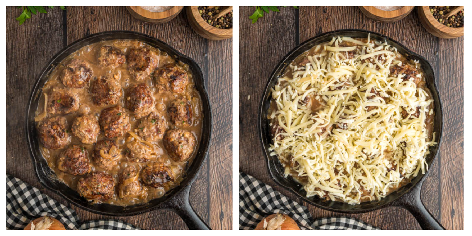 French Onion Meatballs in a cast iron skillet topped with shredded cheese