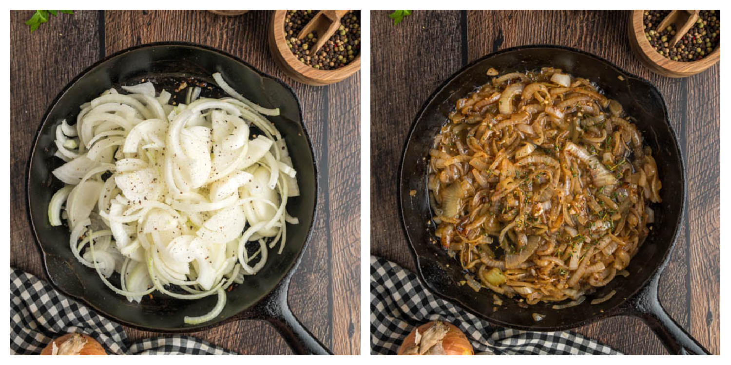 Raw onions turning golden and caramelized in a cast iron skillet