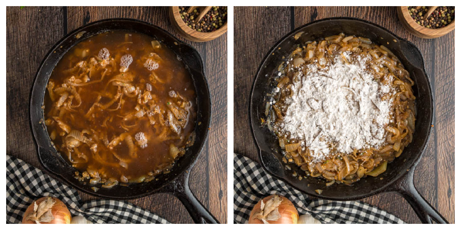Caramelized onions in a cast iron skillet being used as the base for French Onion Meatballs