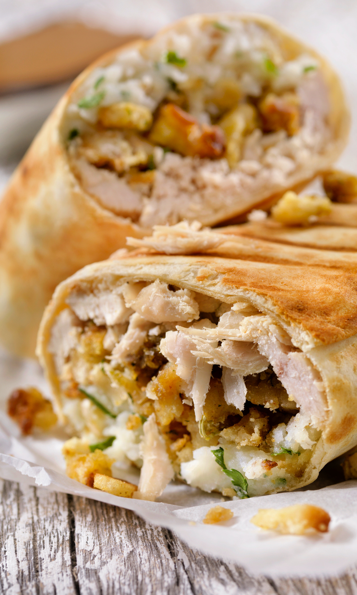 A turkey burrito made with leftover Thanksgiving turkey, stuffing, mashed potatoes and gravy