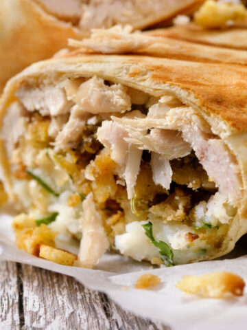 A turkey burrito made with leftover Thanksgiving turkey, stuffing, mashed potatoes and gravy