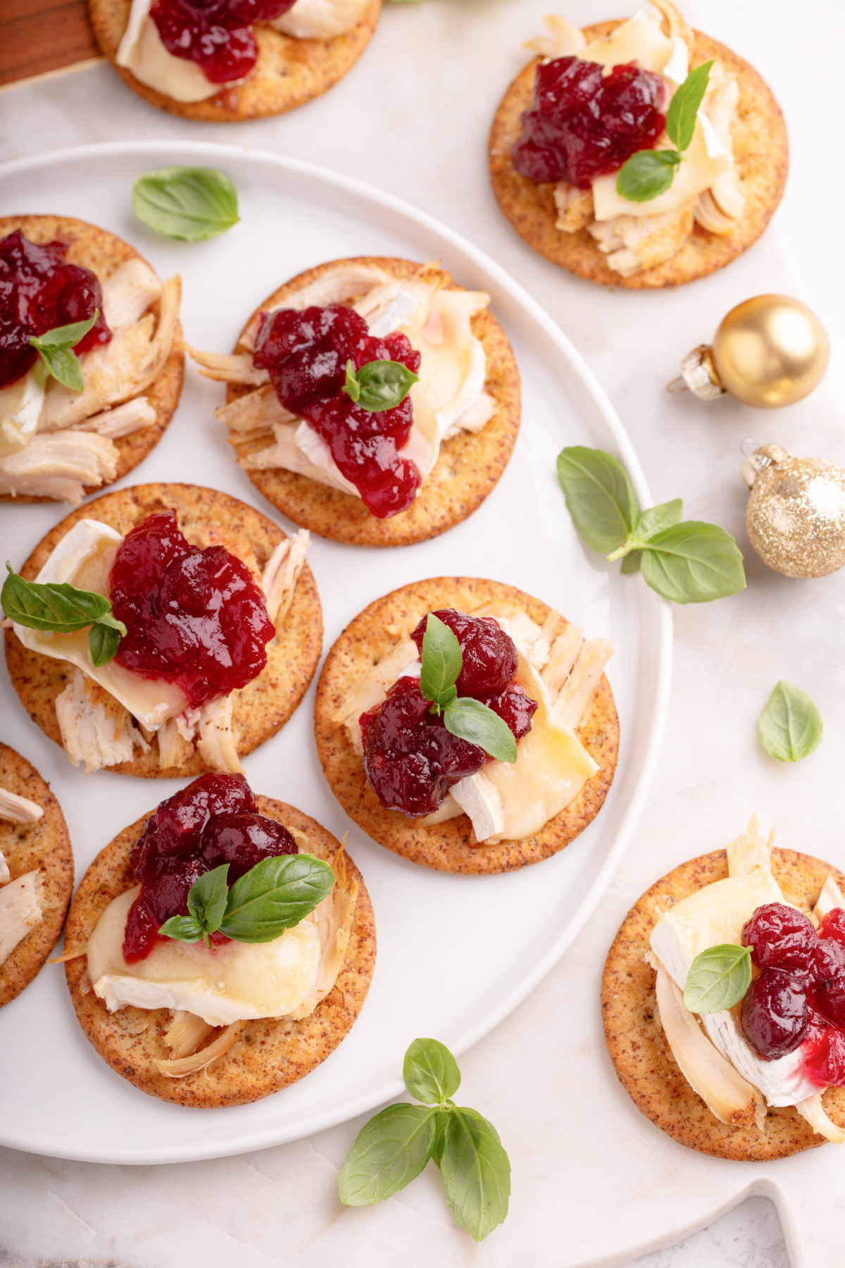 Leftover Thanksgiving turkey, brie and cranberry sauce on crackers