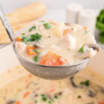 A ladle filled with turkey and rice soup