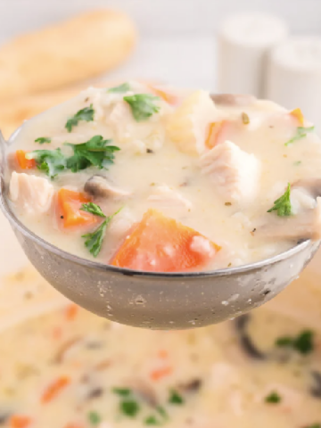 A ladle filled with turkey and rice soup