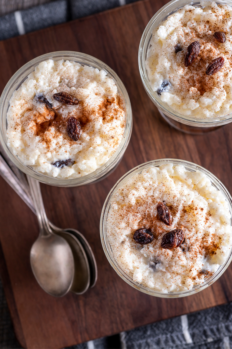 a bowl of Nana's creamy rice pudding with raisins