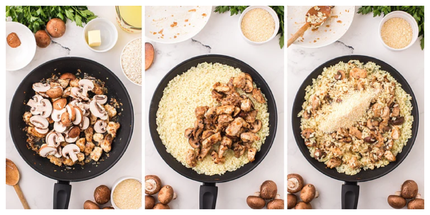 step by step instructions how to make one skillet chicken and mushroom risotto