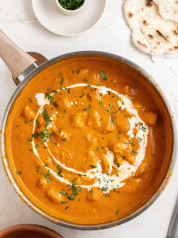 homemade chicken makhani (butter chicken) sauce in a pan with cream